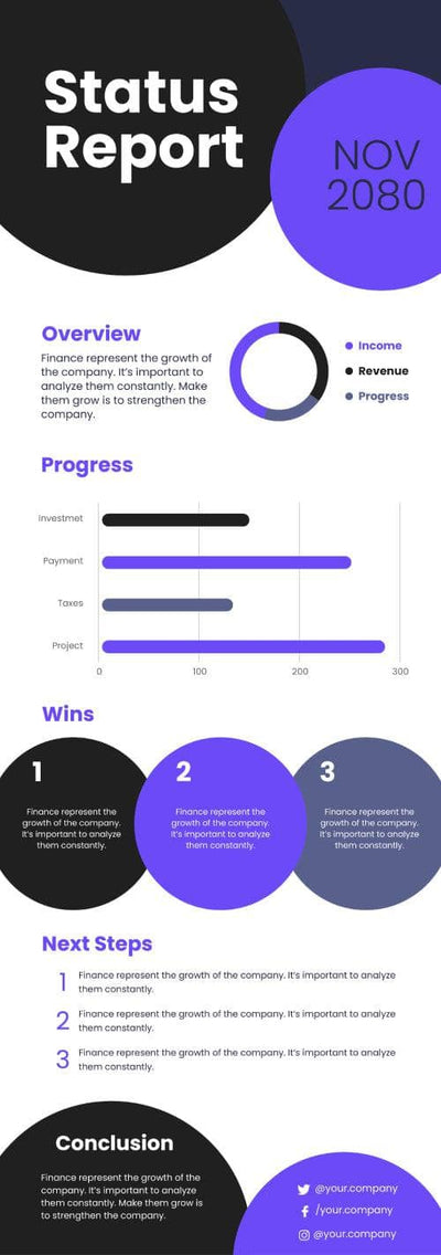 Finance-Infographics Infographics Violet Status Report Finance Infographic Template powerpoint-template keynote-template google-slides-template infographic-template
